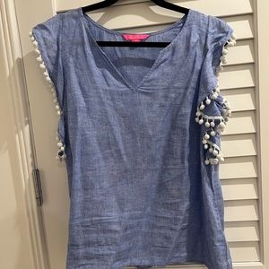 Lily Pulitzer linen blue top with Pom Pom sleeves size S (fits like 6)
